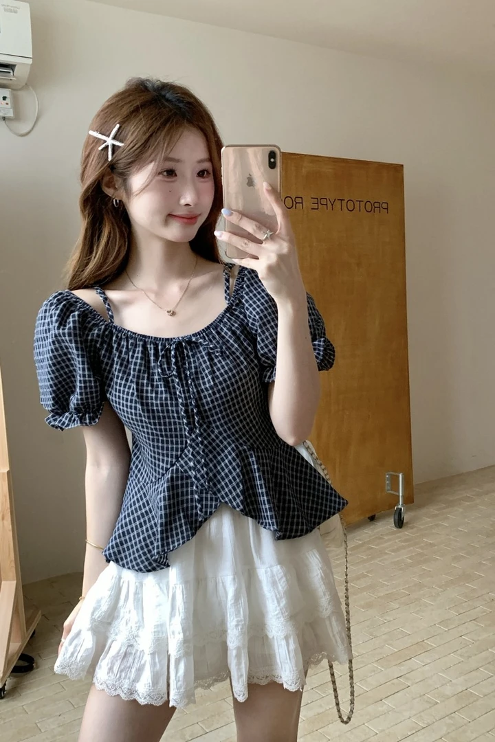 轻薄透气两穿甜美风小格子娃娃衫短袖衬衫女夏季新款1688558