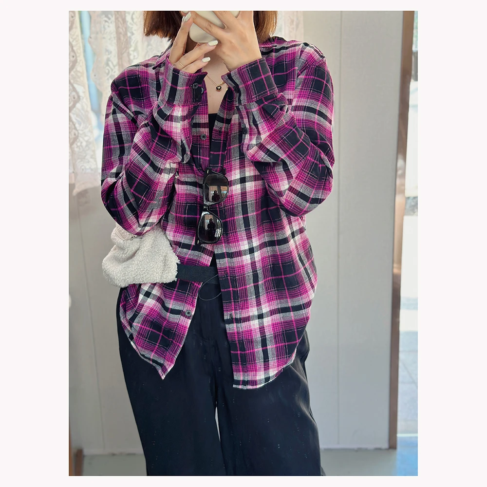 ZR054 秋季新款女士休闲宽松格纹翻领长袖休闲衬衫女