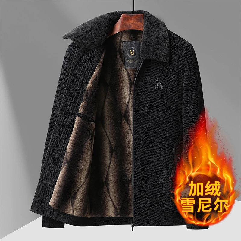 中年男士爸爸装冬装雪尼尔外套中老年人加绒加厚男款翻领夹克棉服