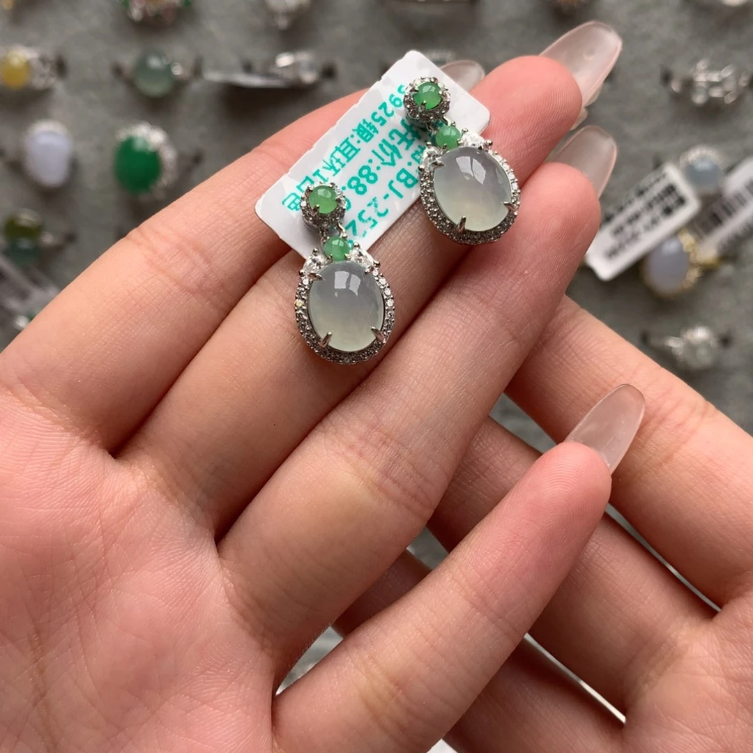 翡翠银S925镶嵌戒指耳钉