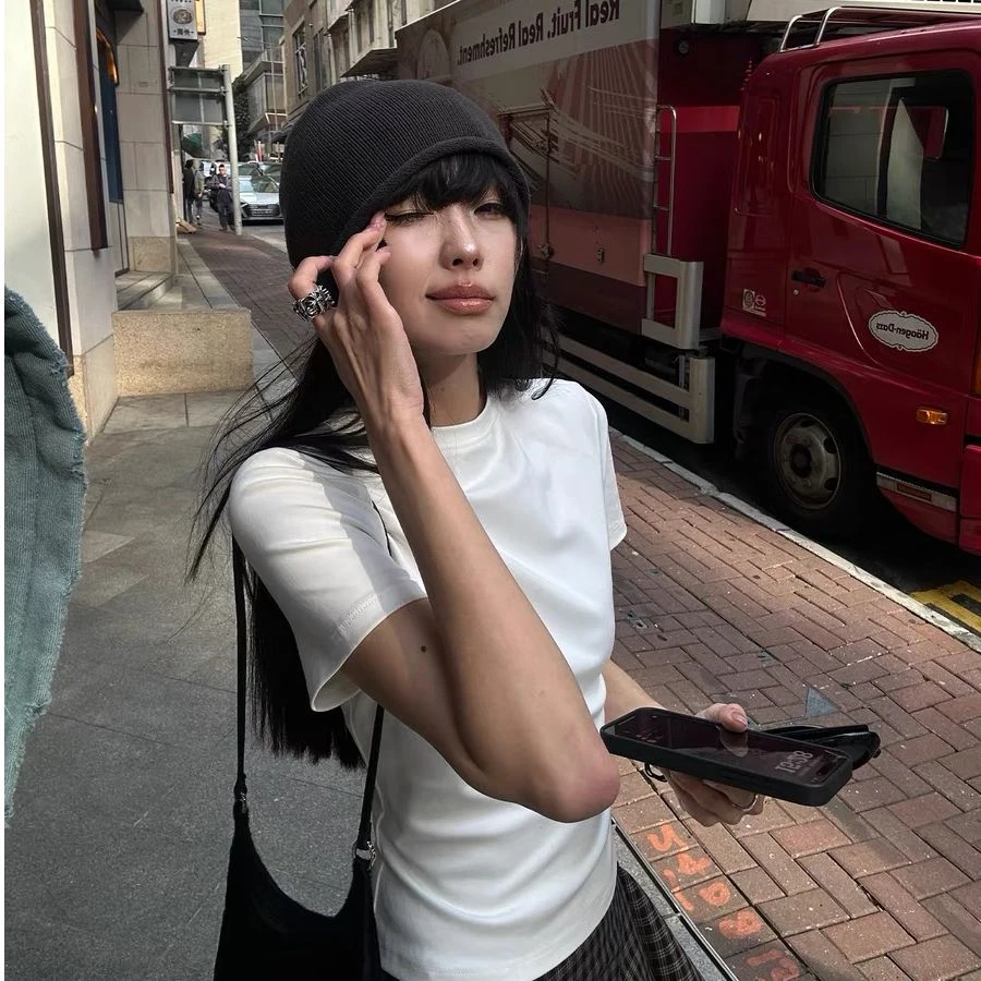 白色正肩T恤女夏修身显瘦基础款圆领短款上衣