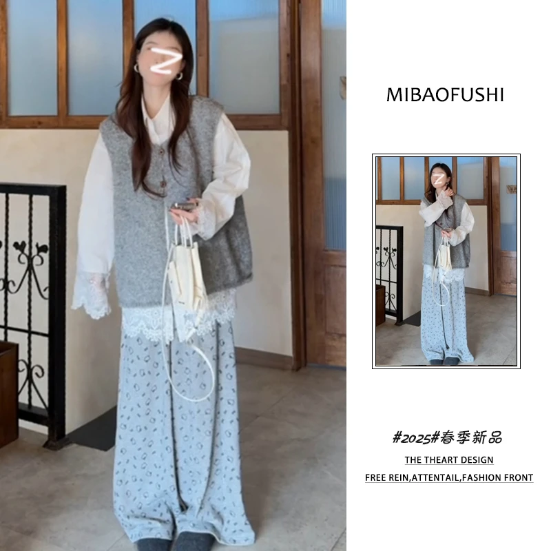 【现货】秋季一整套女2025新款韩系时尚内搭衬衫马甲阔腿裤三件套