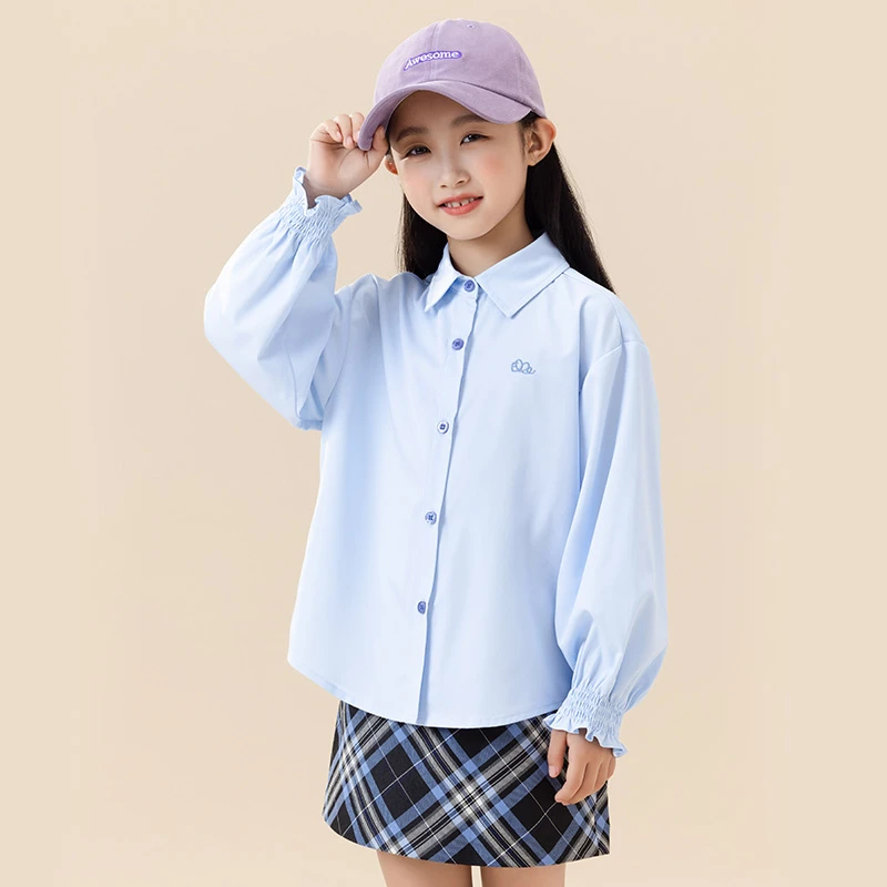 女童长袖蓝色衬衫春秋2025新款儿童白衬衣抗皱免烫中大童学院上衣