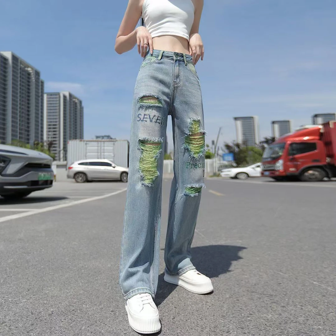 财【默认微瑕】四季款百搭高腰显瘦喇叭阔腿直筒韩版潮流女士牛仔裤