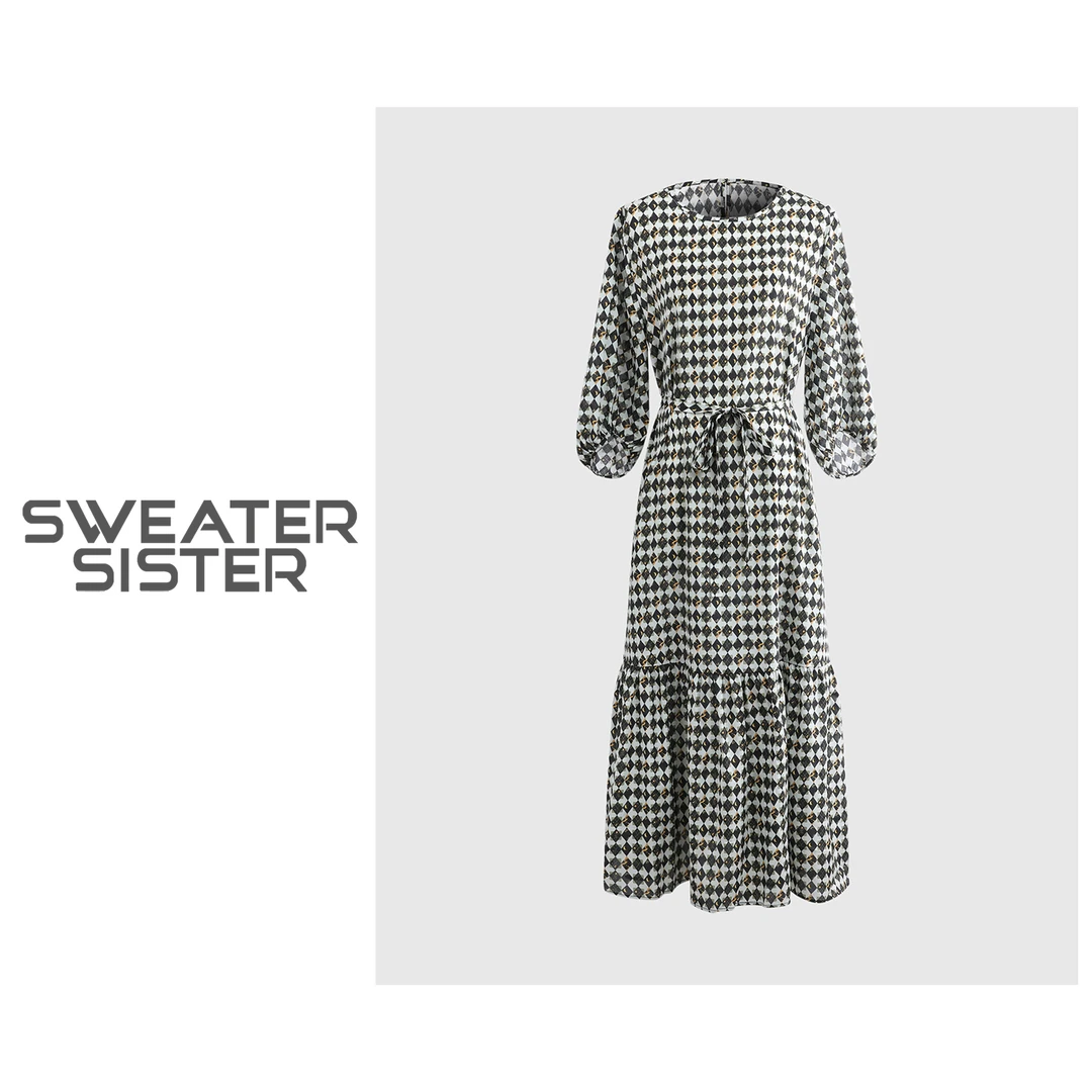 新款桑蚕丝时尚印花连衣裙半袖系带收腰中袖裙子女5239-FA058