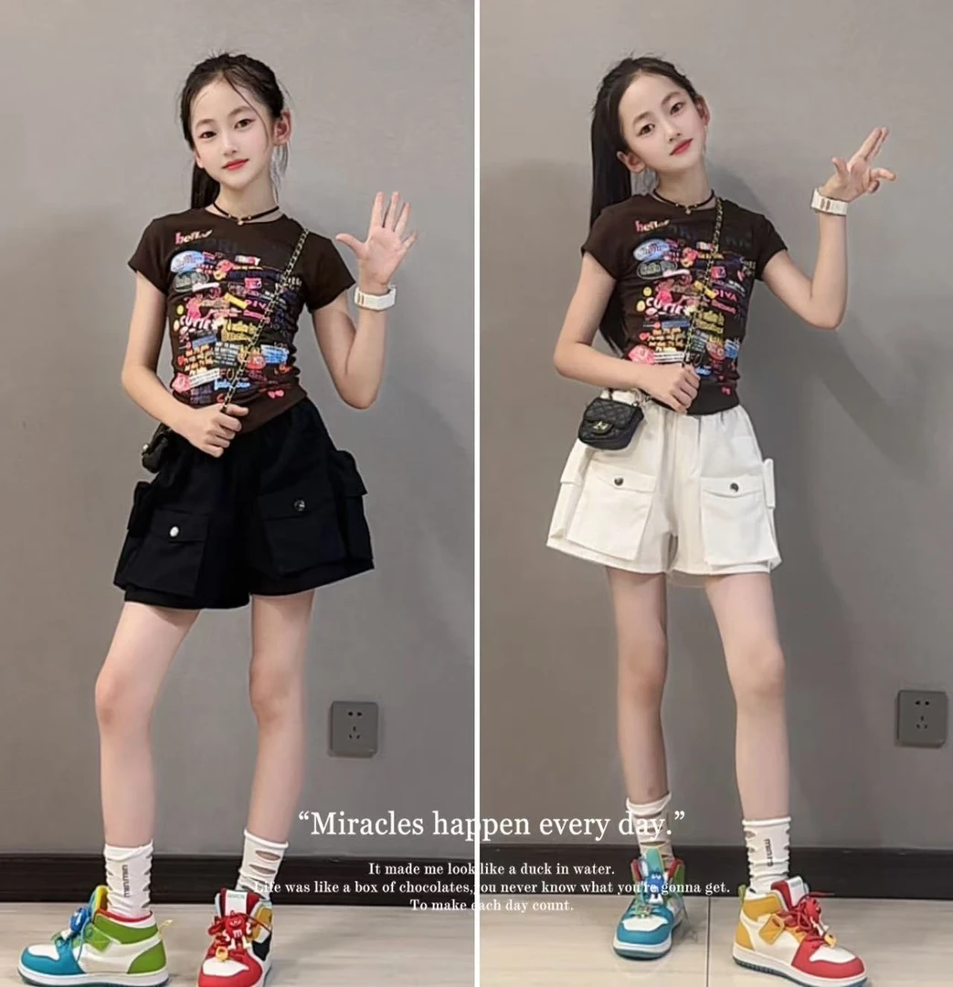 卡通印花短袖正肩T恤女童夏季新款修身收腰短款圆领上衣短裤