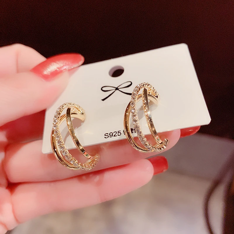 铜合金锆石耳饰 S925耳饰弧形多层锆石耳圈个性简约气质百搭