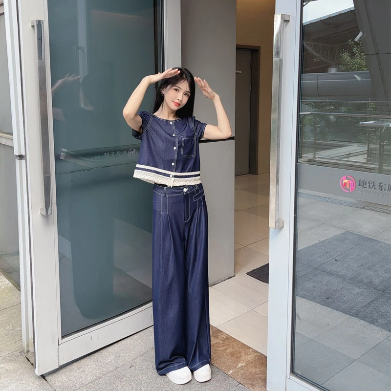 2025年新款蕾丝拼接花边牛仔上衣裤腿裤两件套1608