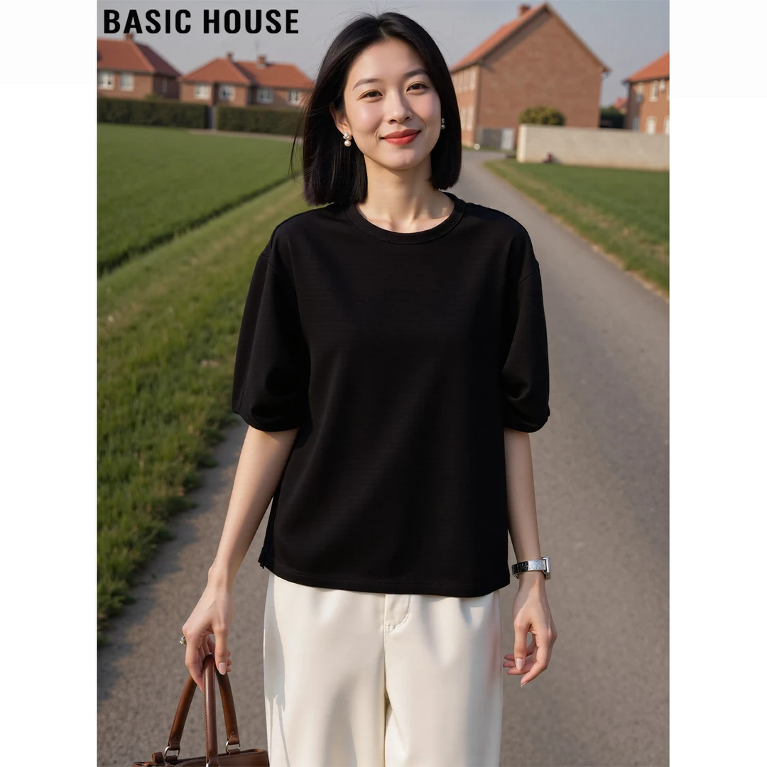 Basic House/百家好立体质感黑色圆领短袖T恤女夏宽松五分袖上衣