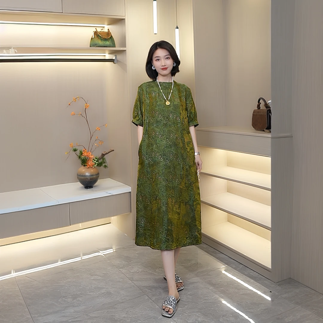 锦瑟新中式新款百搭不褪色短袖绫罗提花连衣裙女中长款浮光锦休闲