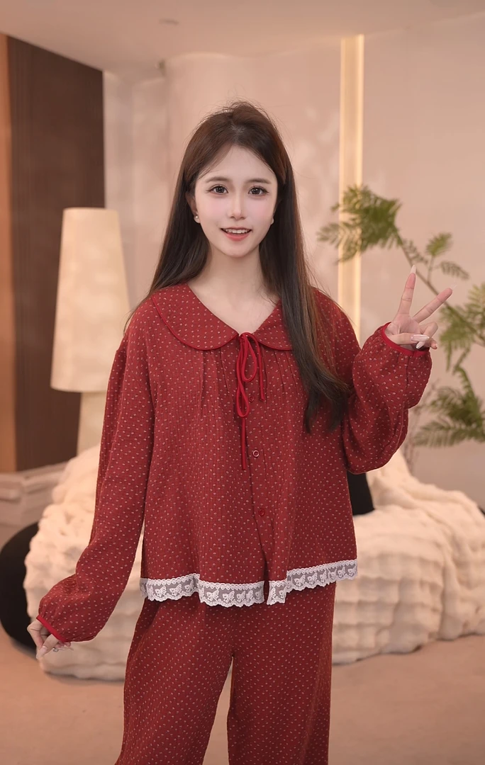 板栗小姐【朱樱】新款女春秋甜美风高级家居服套装可外穿