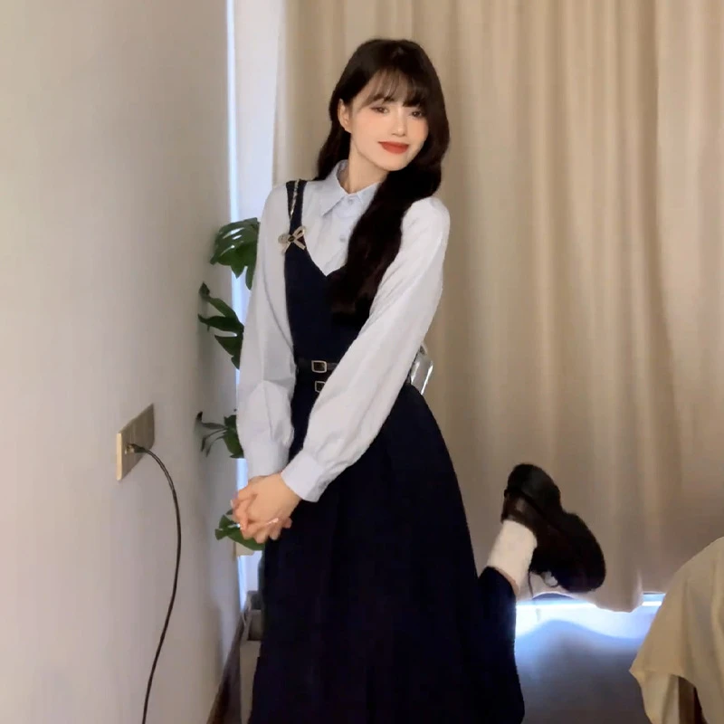 卓曼尹女装【绿光森林】加绒大码秋冬新款法式假两件木耳边领连衣