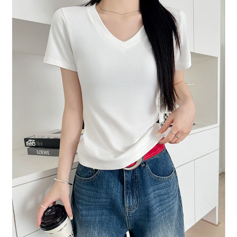 2025新款白色V领短袖女夏季新款纯色显瘦正肩打底衫设计感减龄辣