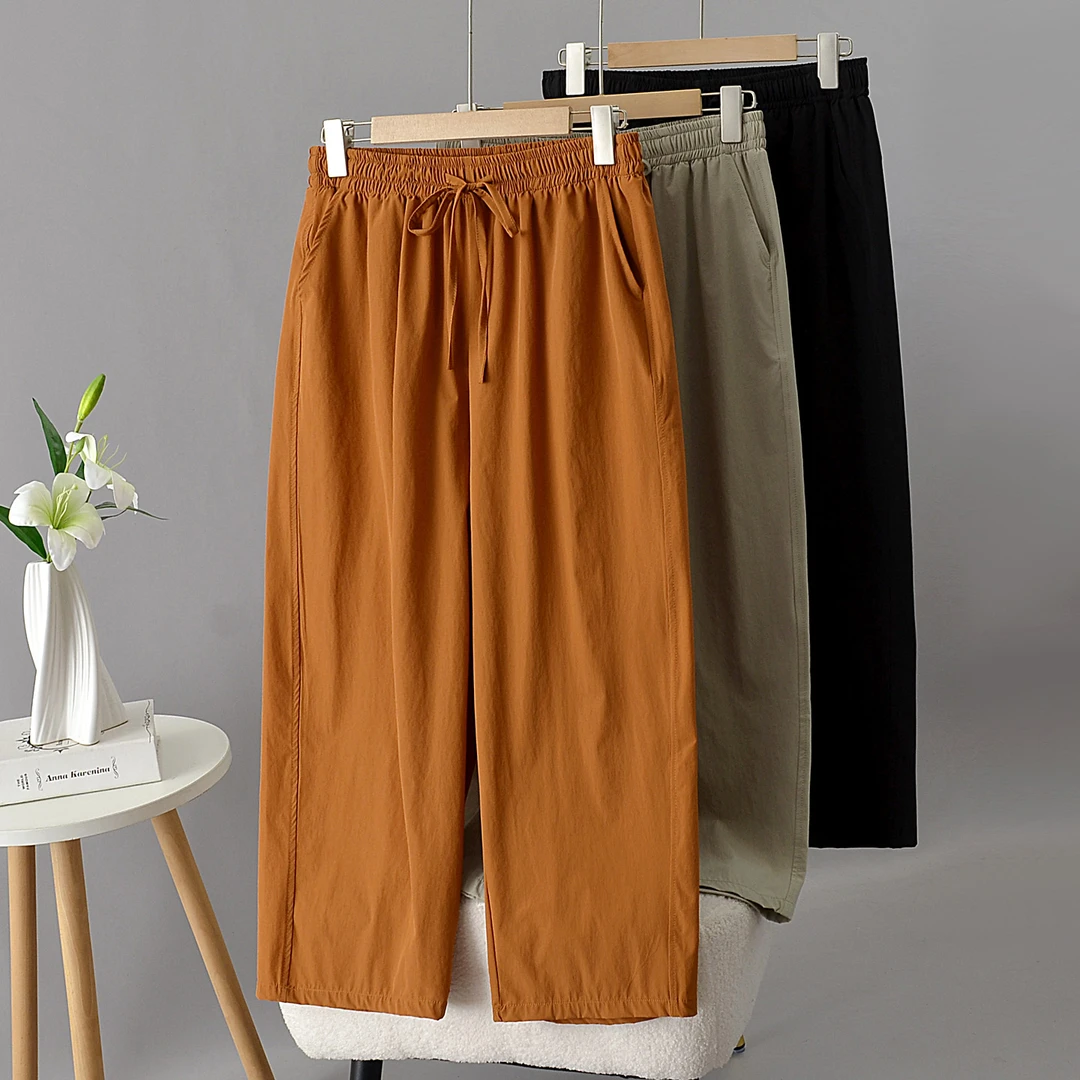 大码胖mm夏季显瘦薄款阔腿裤女系带松弛感显瘦遮胯宽松九分休闲裤