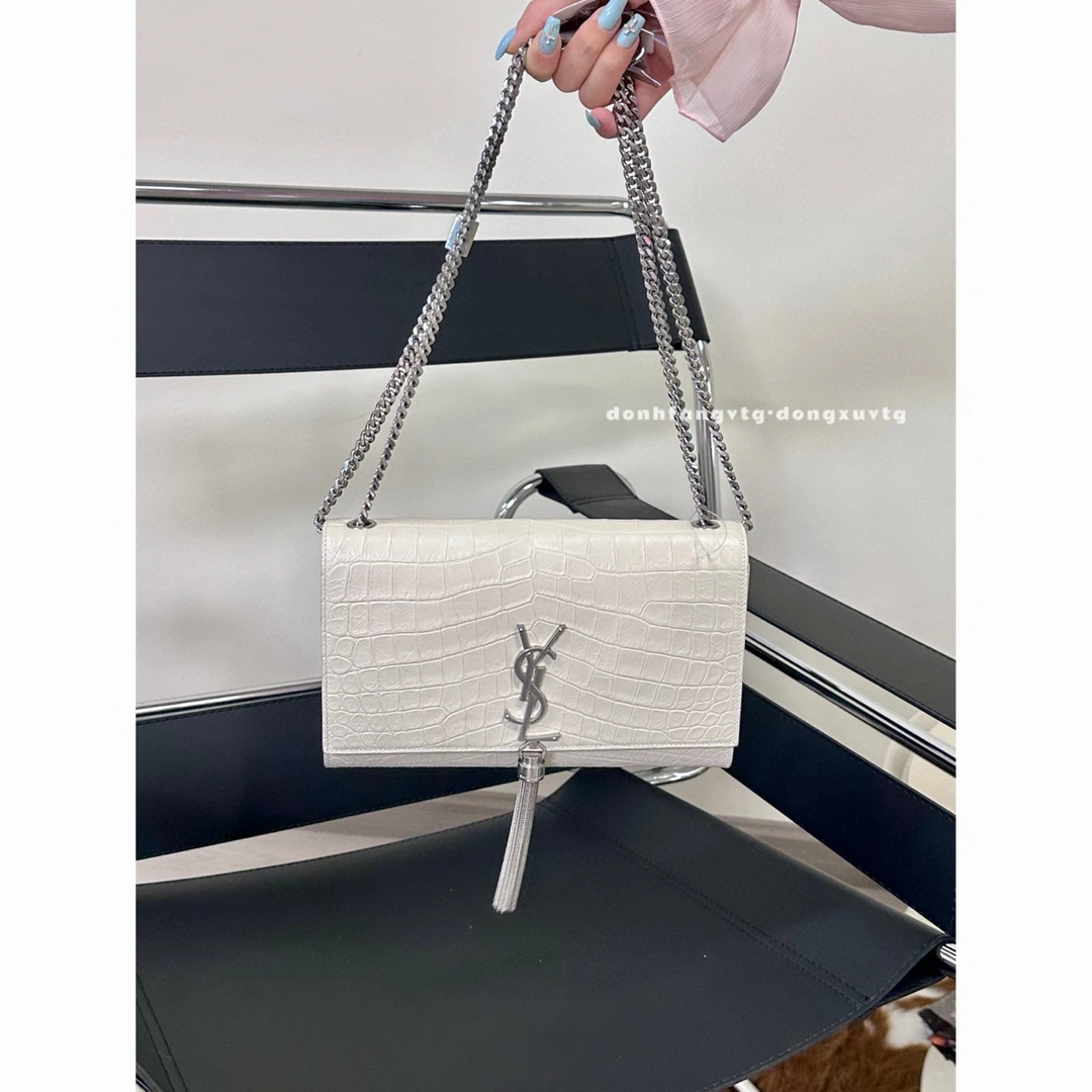 95新 YSL/圣罗兰 ysl 白色鳄压流苏kate链条斜挎包K