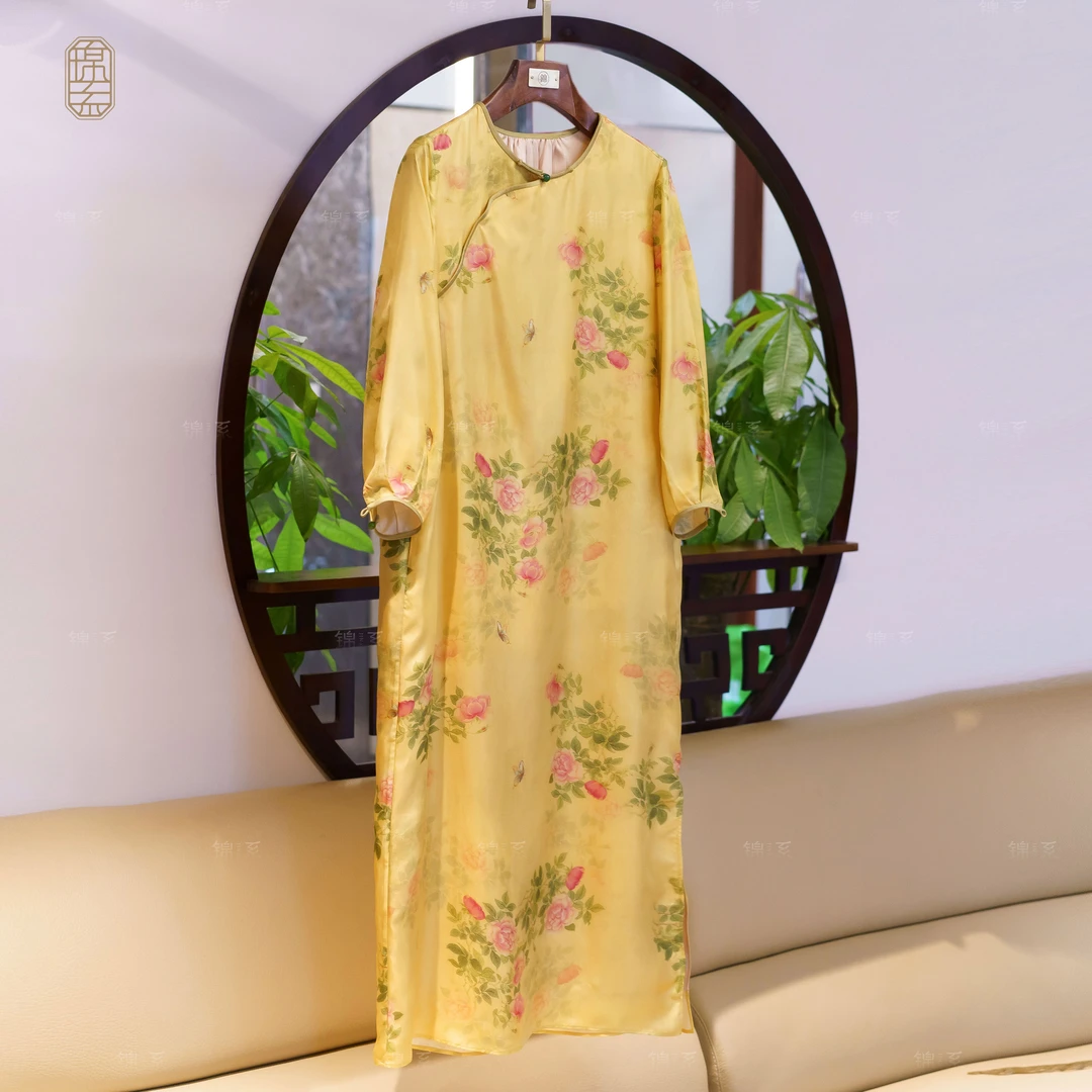 真丝斜纹绸新中式国风桑蚕丝圆领斜襟长袖连衣裙L-382464