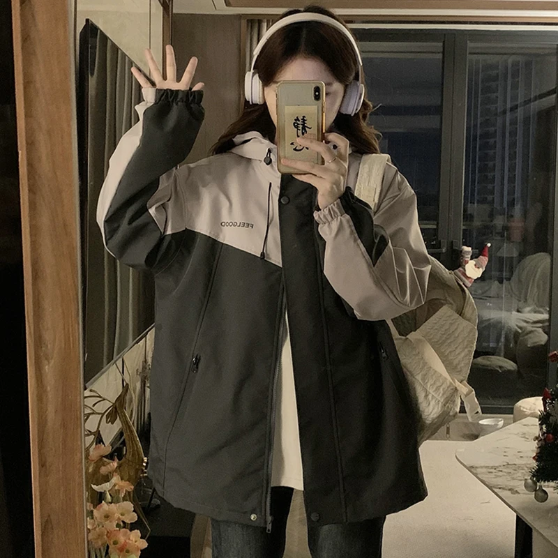 连帽冲锋衣外套少女春秋装2025新款初中高中学生宽松休闲拼色夹克