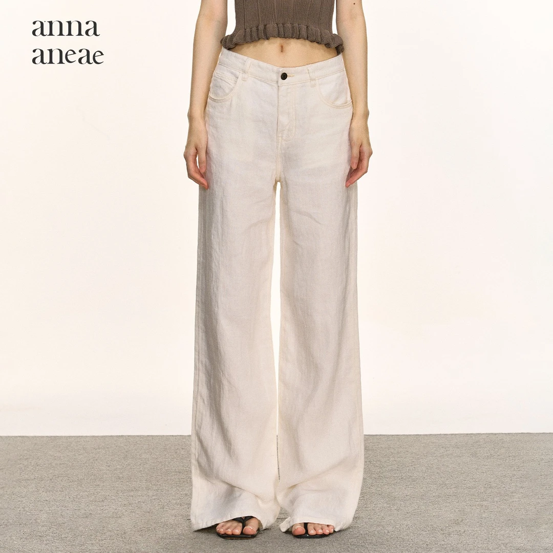 anna aneae100亚麻阔腿裤女早秋通勤白色休闲裤宽松显瘦直筒长裤