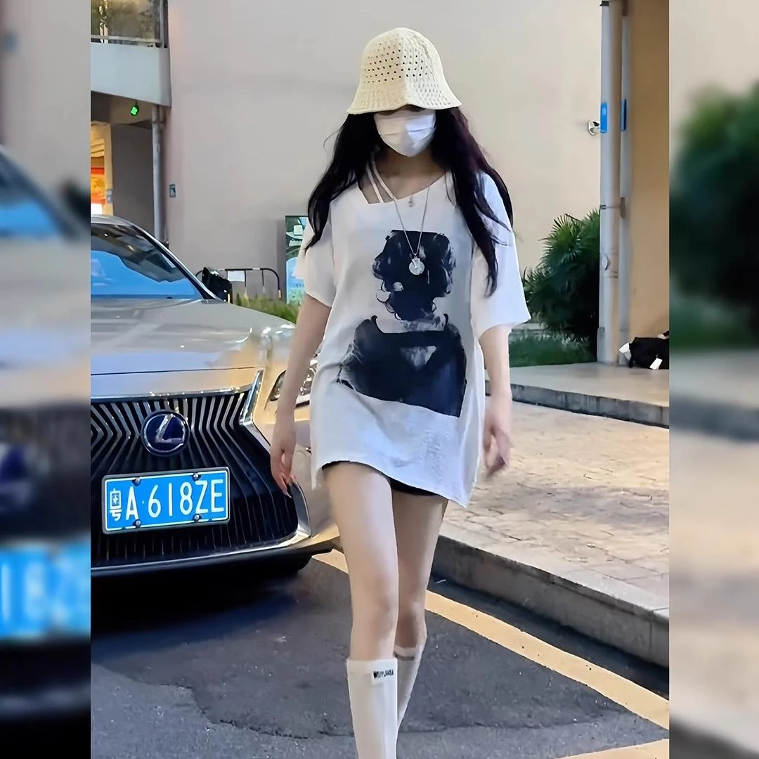 【6-8运补】露肩设计感短袖宽松上衣百搭薄款法式t恤女装+白色圆领