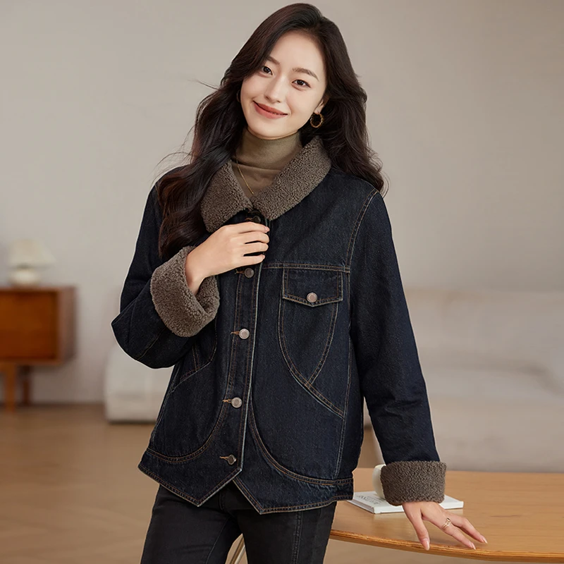 加绒牛仔外套女小个子秋冬2025新款羊羔绒派克服加厚保暖夹克上衣
