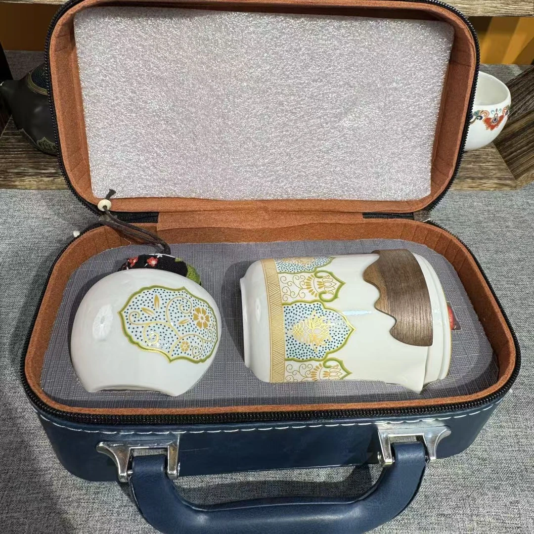 A0007白/古韵一壶三杯+茶叶罐+蓝茶巾/小蓝包