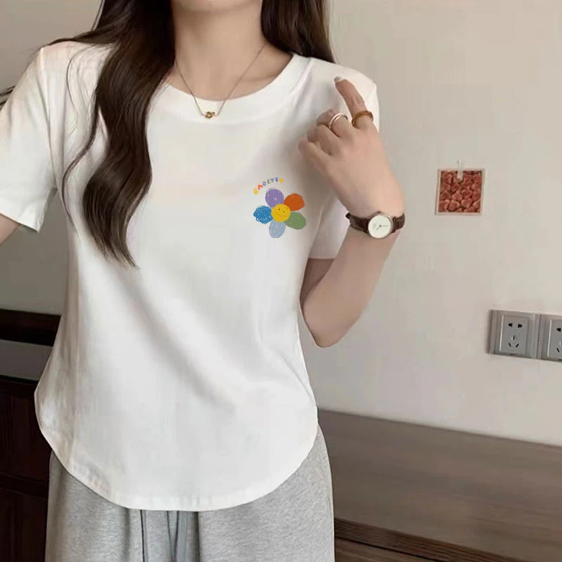 【胸标六色小花】弧形下摆遮肚子正肩显瘦5-10斤短袖9902