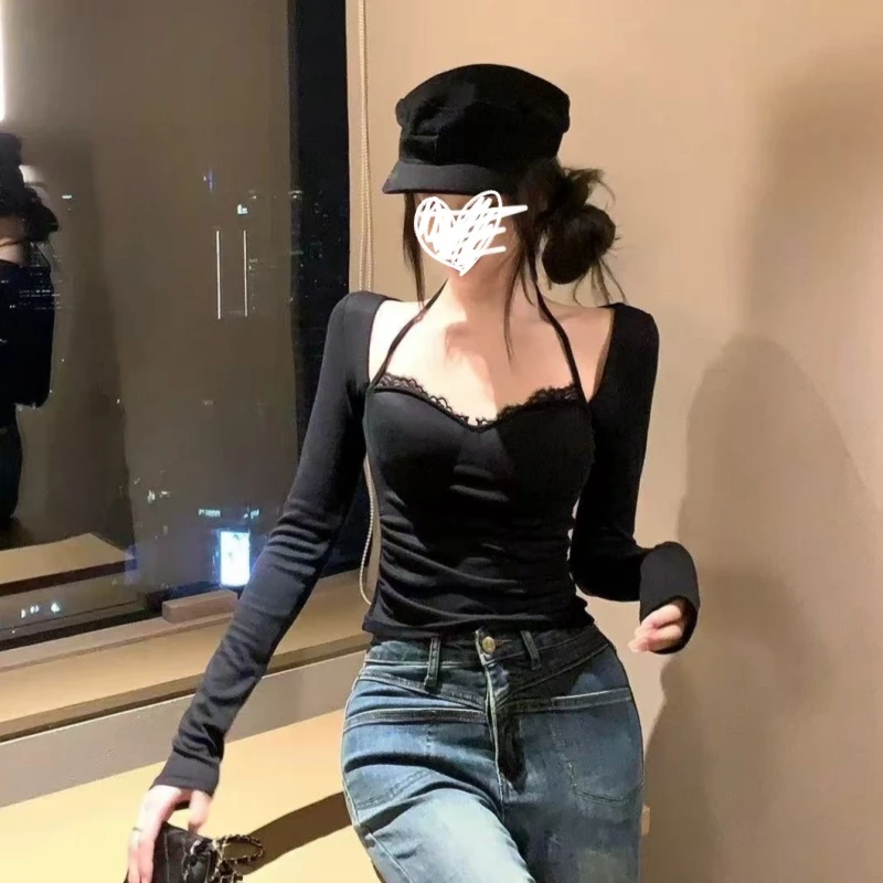【特惠】秋冬新款美式拼接挂脖打底衫带胸垫长袖T恤显瘦辣妹上衣潮