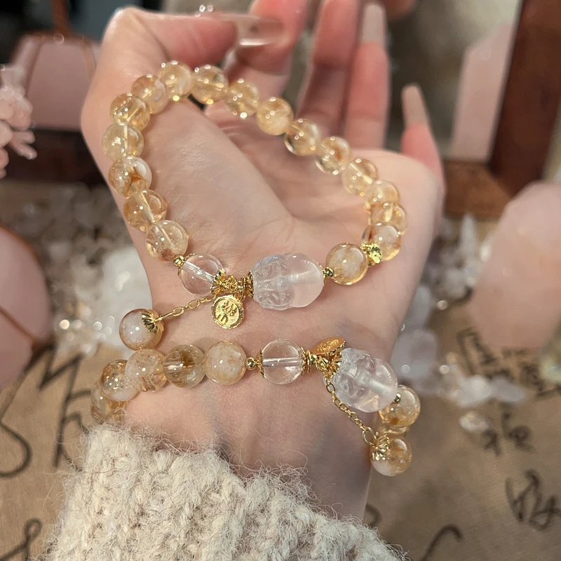 【zhao财纳福】黄塔金+白水晶+貔貅手串多样性天然水晶Z120