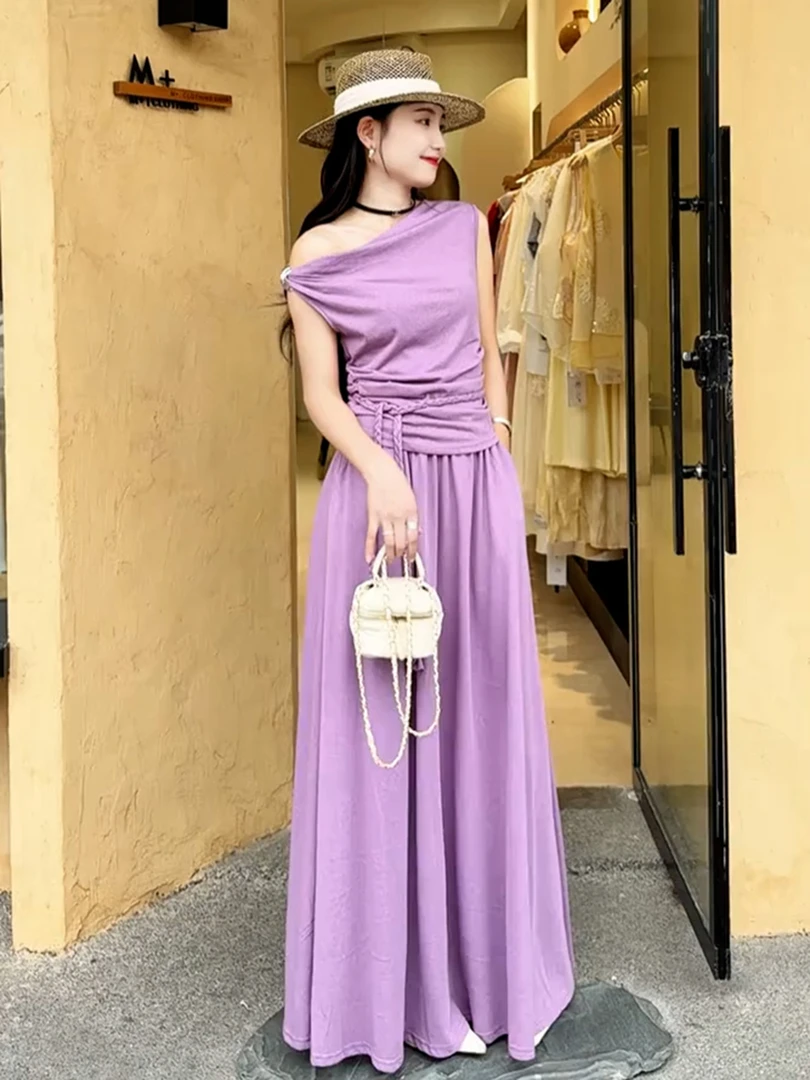 夏季多巴胺穿搭气质轻奢高级感简约减龄巨好看紫色上衣半身裙套装