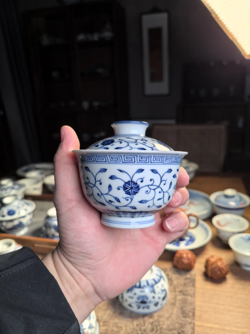 当代 片云晚谷青花四季花盖碗青花瓷陶瓷小盖碗茶具