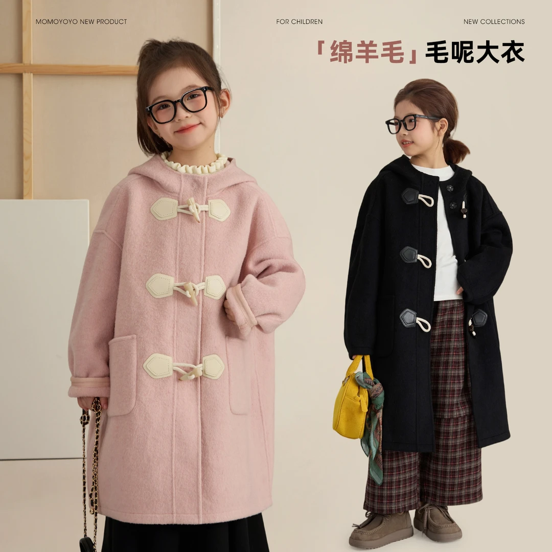 辰辰妈【左岸】儿童牛角扣毛呢大衣女童连帽中长款外套汉服9070D