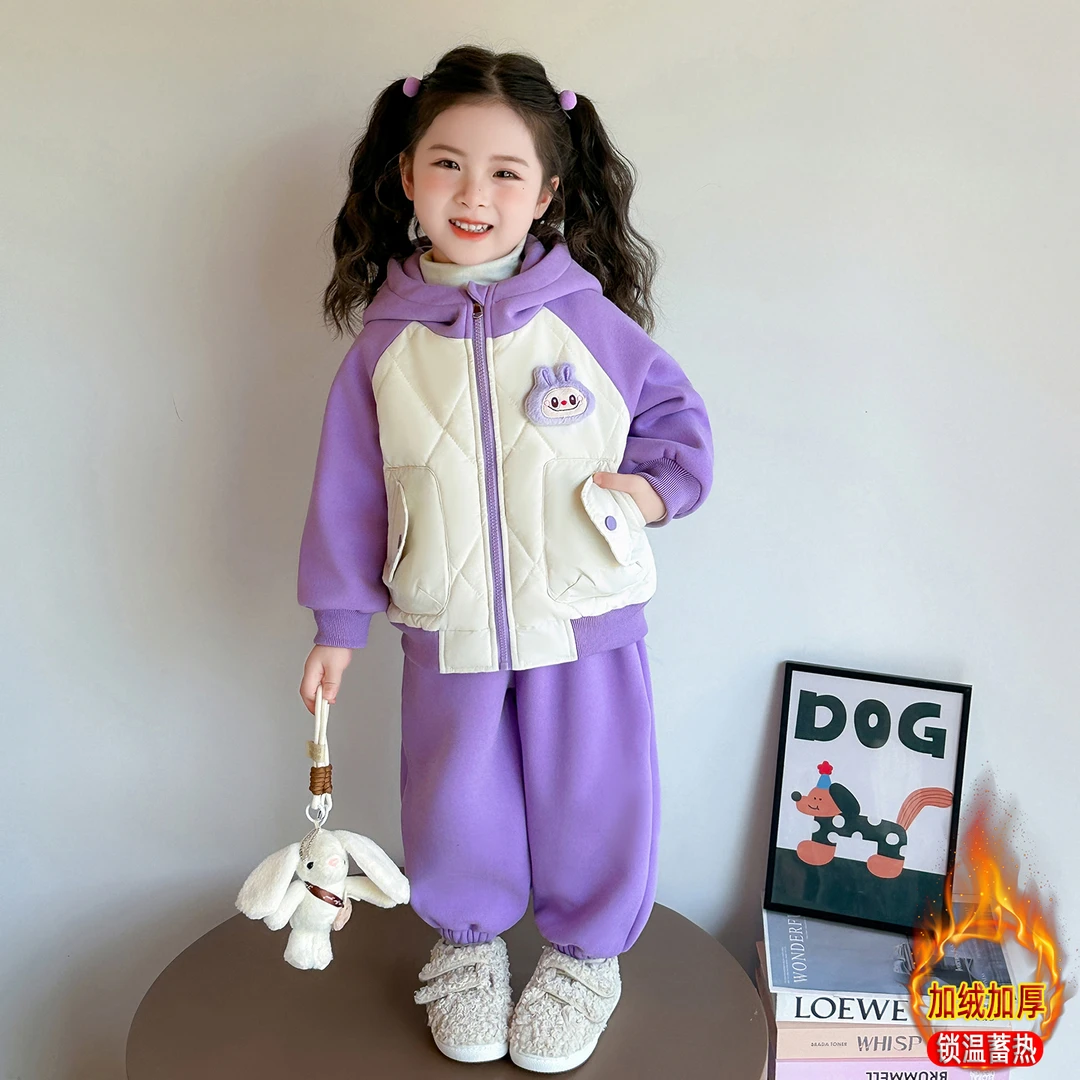 女童加绒套装2025秋冬装新款儿童加厚保暖航棉拼色棉衣两件套时尚