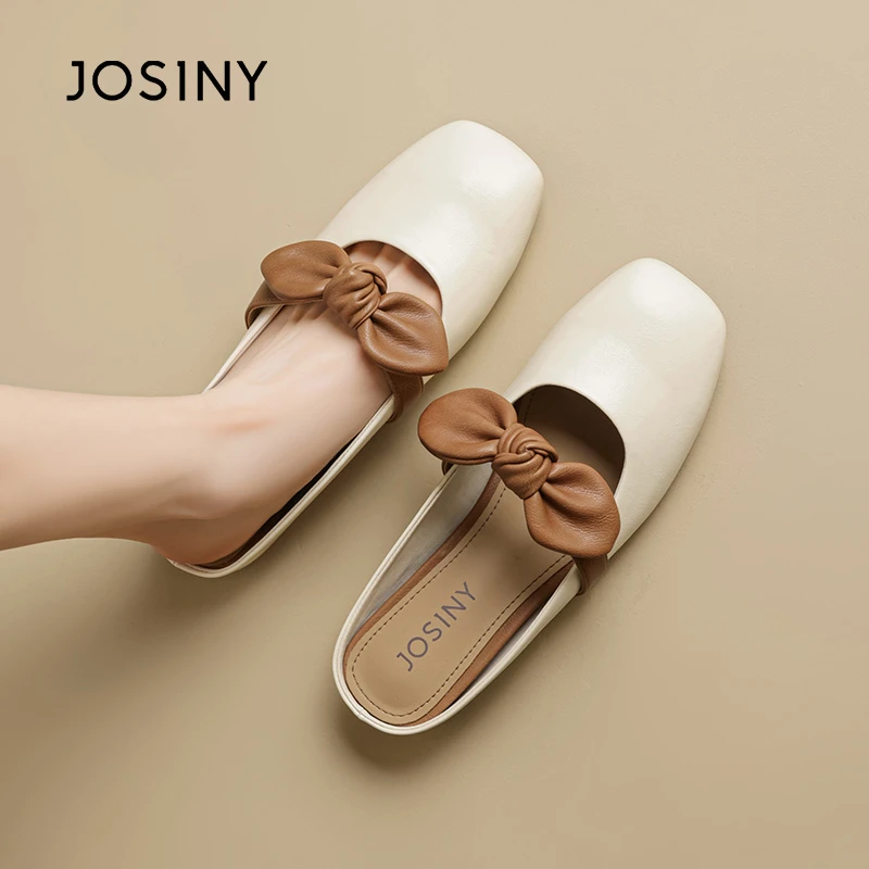 卓诗尼2025年新款单鞋法式温柔春季浅口中跟方头包头蝴蝶结粗跟