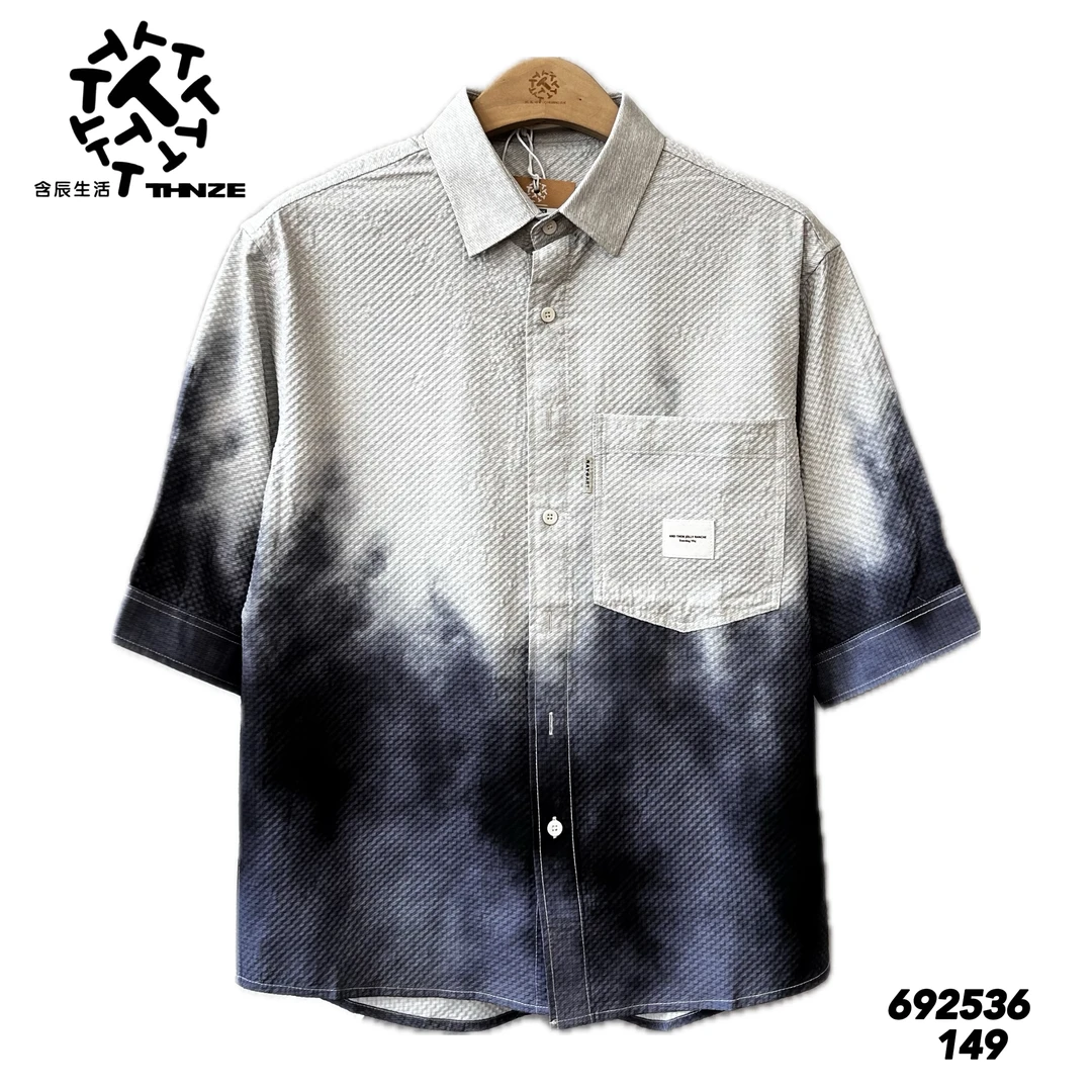 渐变夏季中袖短袖扎染落肩袖衬衣外套上衣休闲常规衬衫