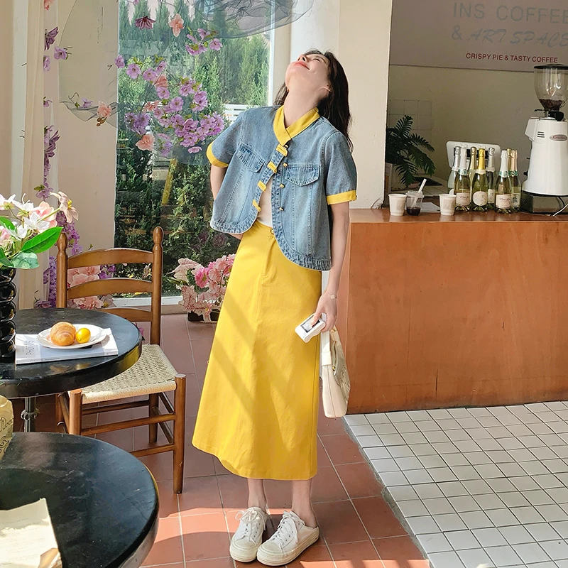 黄色韩版裙子学院风套装裙女2025年夏季新款牛仔外套半身裙两件套