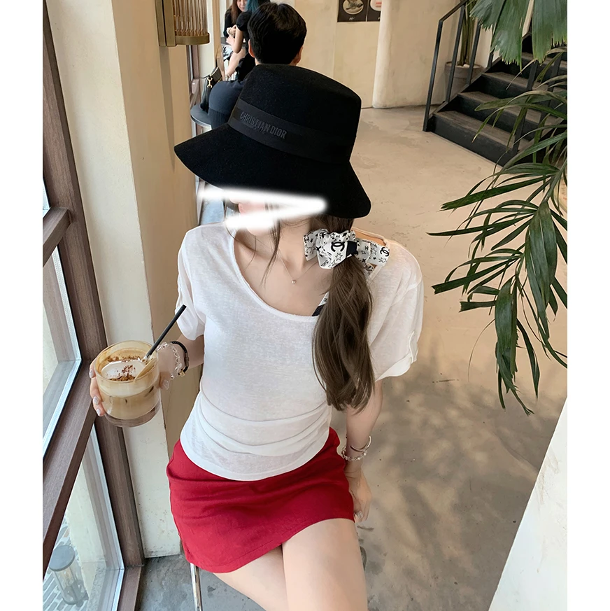 夏季宽松纽扣大领T圆领纯色短袖ins风松弛感百搭透气t恤上衣女