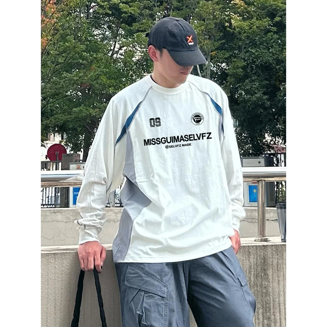 秋季纯棉重磅圆领白色打底上衣男款美式嘻哈vibe高街字母长袖T恤