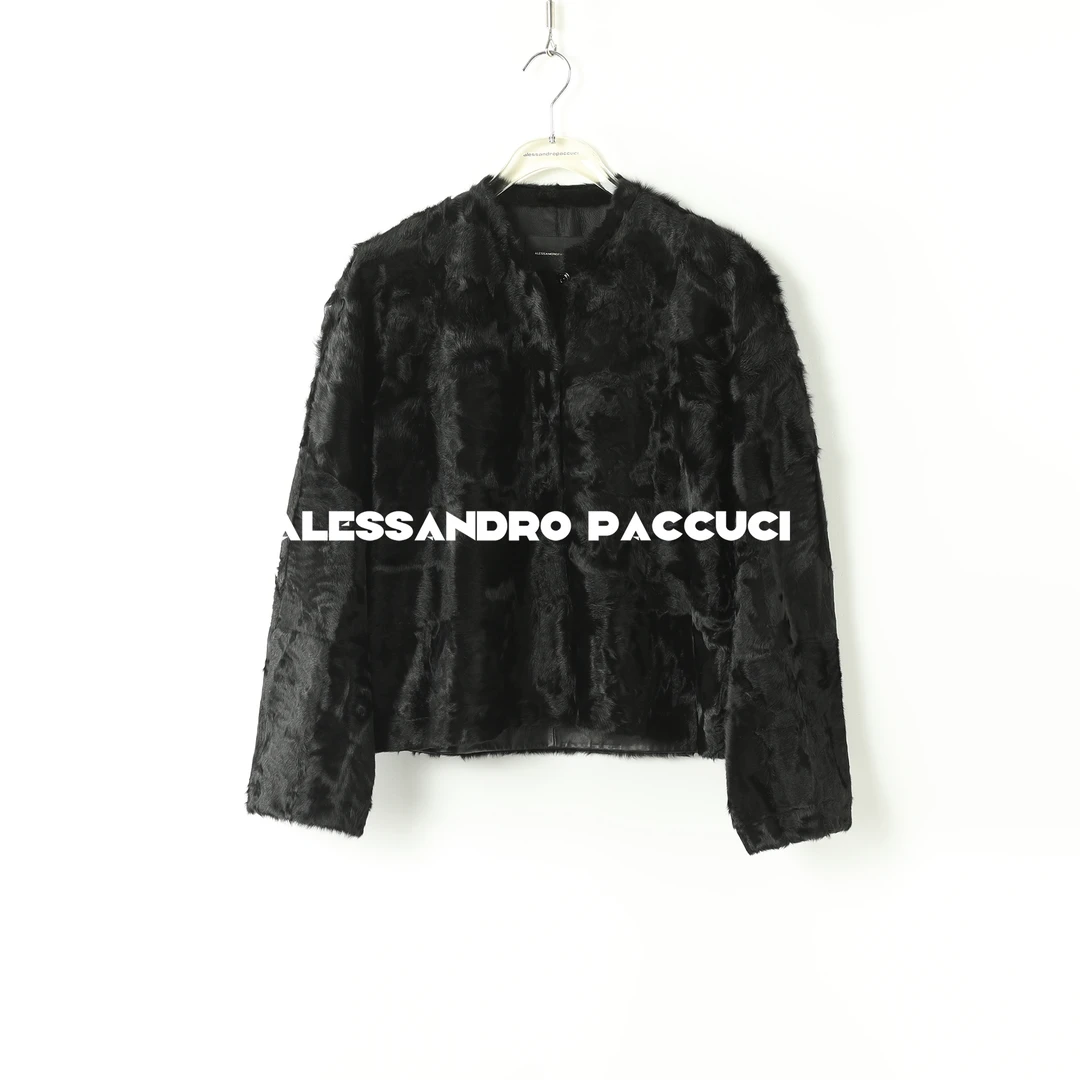 AP洛哥44038CM【黑标/墨砚】小湖羊皮毛一体黑色气质保暖短外套