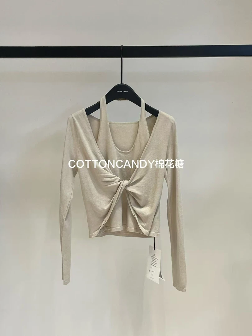 福利-假两件！V领扭结针织衫（MH256032#）棉花糖