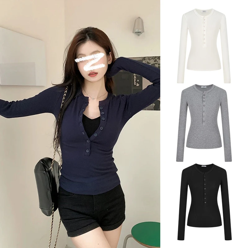 Moses Queen/魔西女王美式亨利领长袖T恤辣妹修身半开领打底上衣