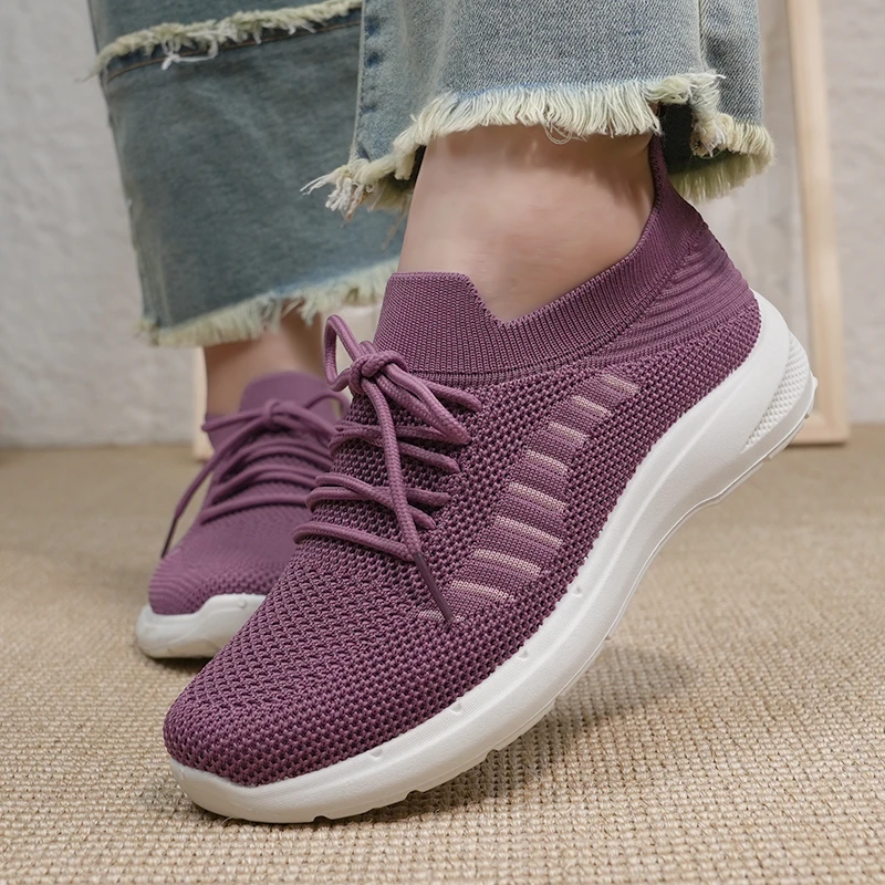 春秋透气飞织系带运动鞋中老年防滑一脚蹬女单鞋休闲运动健步女鞋