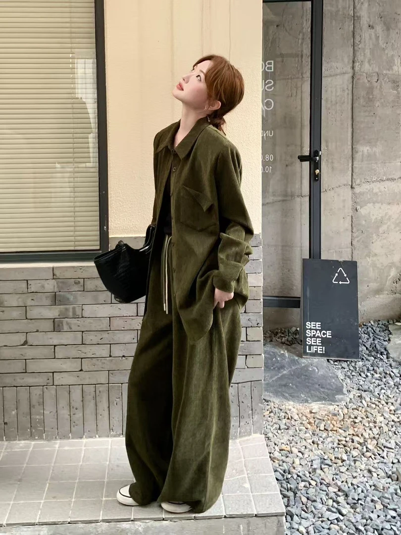 58586#【实物为准】2025新款时尚气质长袖上衣阔腿裤两件套套装