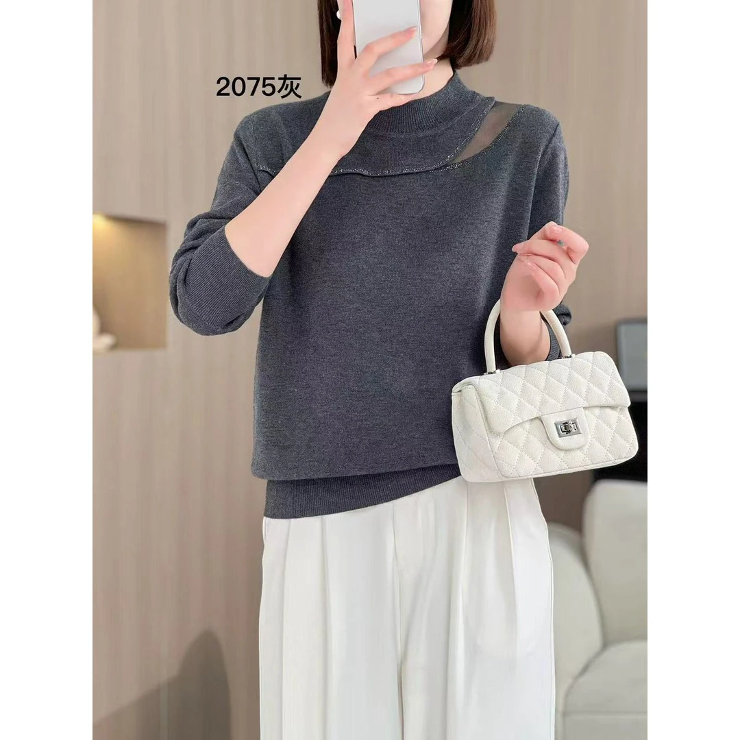 纪凡姬/2075-女士新款冬季纯色半高领镂空烫钻长袖针织衫