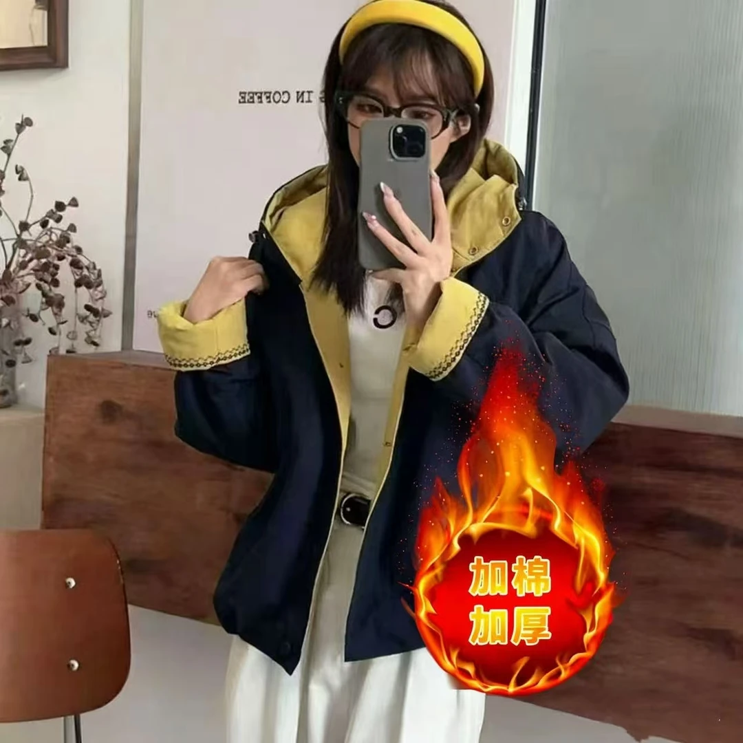 加棉加厚2025秋冬新款连帽时尚百搭女宽松潮流长袖时尚棉衣女