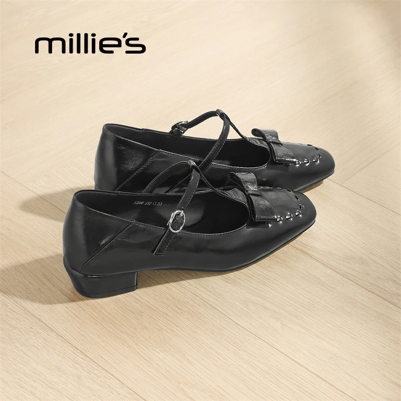 妙丽真皮复古T字带浅口单鞋女2025夏季新款蝴蝶结不累脚玛丽珍鞋
