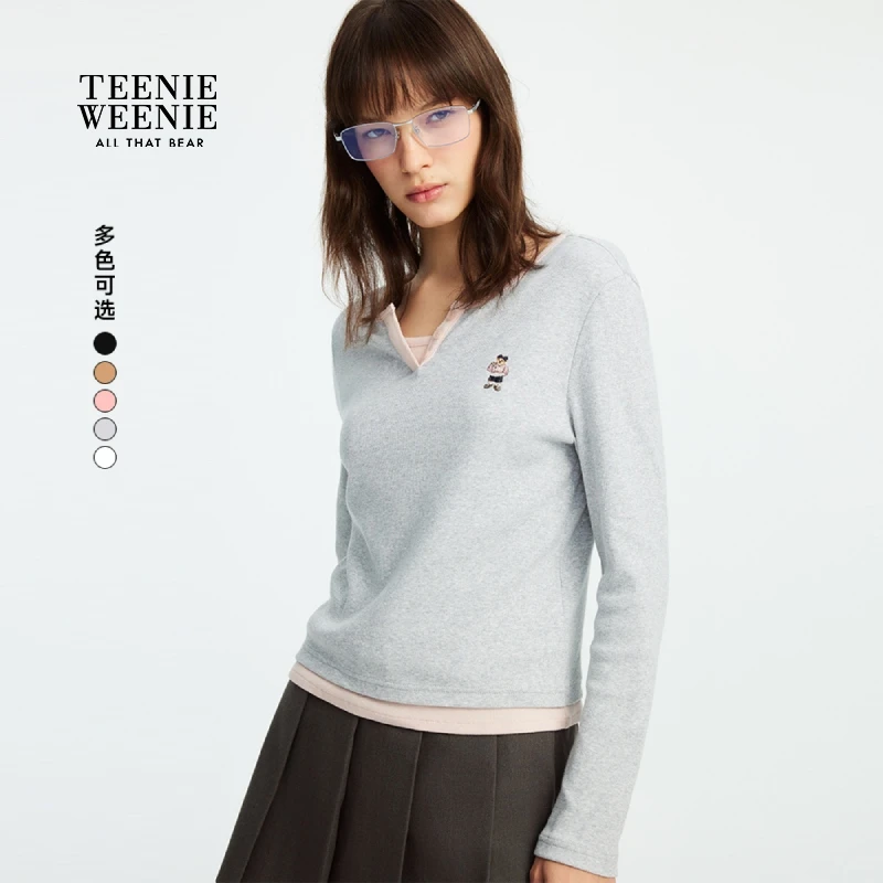 TeenieWeenie小熊女长袖T恤25假两件拼接亨利领上衣TTLA257808P