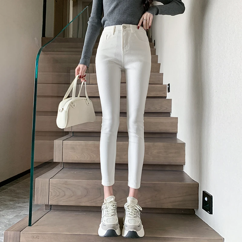 2025新款女弹力白色厚绒高腰修身显瘦小脚裤铅笔裤女冬加绒加厚