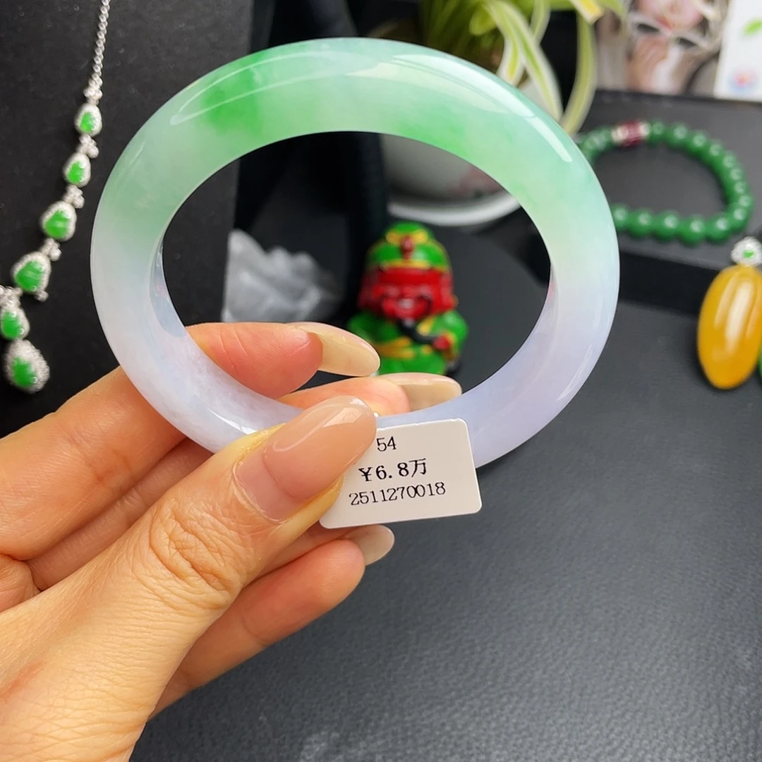 翡翠未镶嵌手镯54圈冰春彩手镯 高货微瑕漏