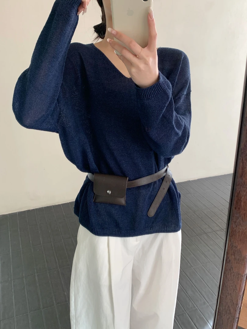 【DUODUO 679966】藏青-和纸纱V领针织T恤夏季女休闲慵懒风针织衫