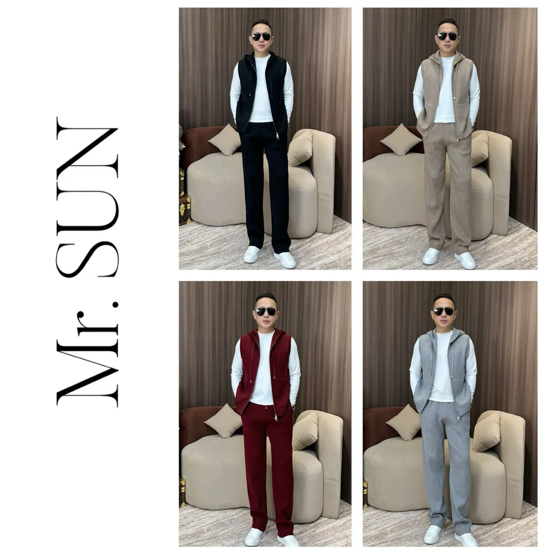 孙先生男装|“LP老钱风”山羊绒混纺男款针织帽马甲休闲裤套装56773